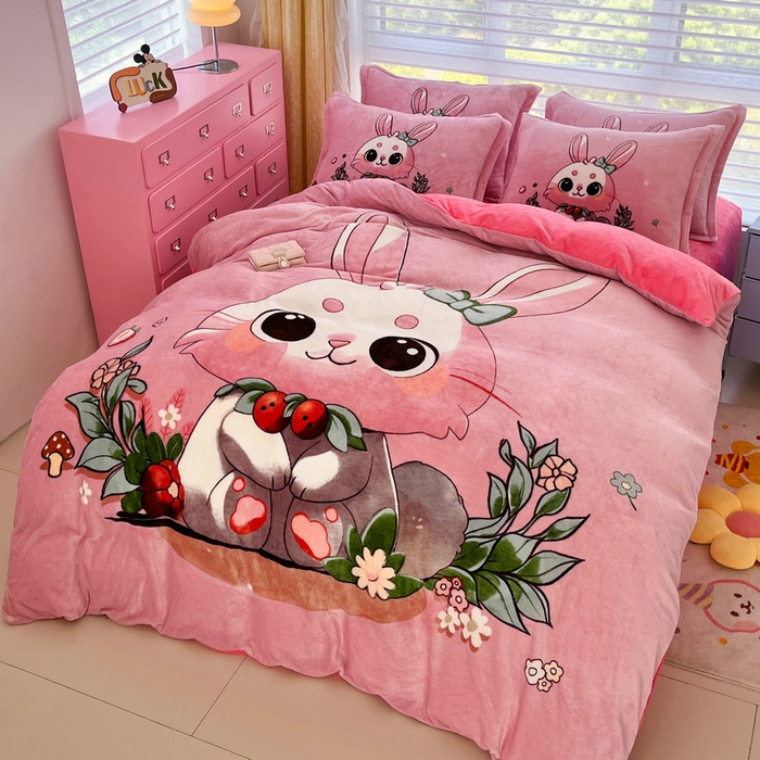 91家纺网 家纺一手货源 找家纺 宝薇 2024新款加厚牛奶绒大版卡通四件套 兔宝贝绒