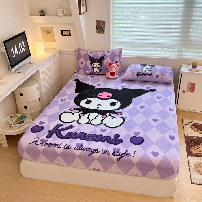 91家纺网 家纺一手货源 找家纺 金爱家 2024新款大阪单品牛奶绒床笠 绒-D桃心美美库洛米