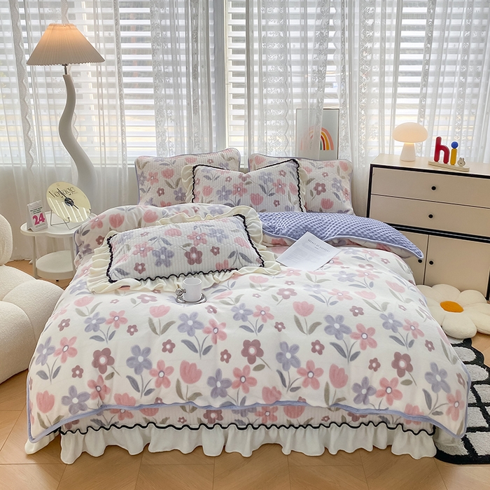 91家纺网 家纺一手货源 找家纺 格真 2024新款加厚保暖豆豆绒牛奶绒单床盖被套三件套四件套 花繁庭园