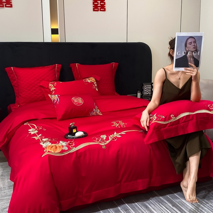 91家纺网 家纺一手货源 找家纺 （总）玖玖爱家纺 2024新款100支双股长绒棉提花刺绣婚庆四件套