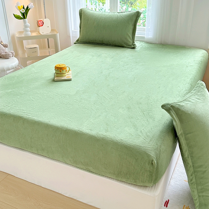 91家纺网 家纺一手货源 找家纺 家贝爱 2024新款加厚保暖牛奶绒床笠 纯色抹茶绿