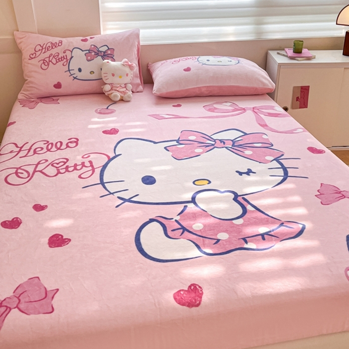 91家纺网 家纺一手货源 找家纺 金爱家 2024新款大阪单品牛奶绒床笠 绒-D爱心蝴蝶kt