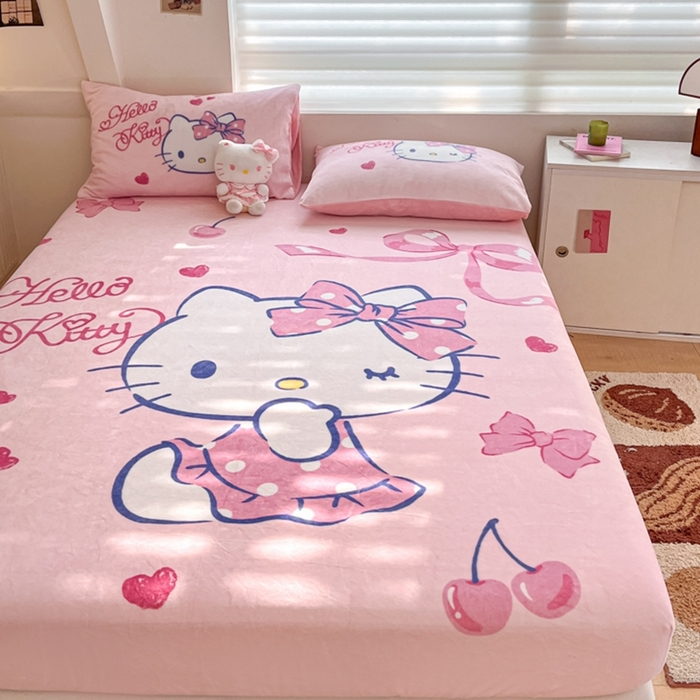 91家纺网 家纺一手货源 找家纺 金爱家 2024新款大阪单品牛奶绒床笠 绒-D爱心蝴蝶kt