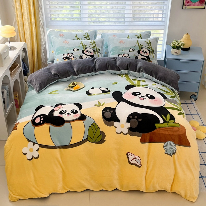 91家纺网 家纺一手货源 找家纺 宝薇 2024新款加厚牛奶绒大版卡通四件套 熊猫假日绒