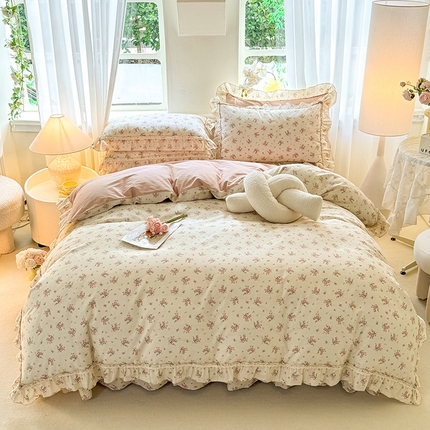 91家纺网 家纺一手货源 找家纺 艾唯希家纺 2024新款韩式花边全棉四件套 红蔷薇