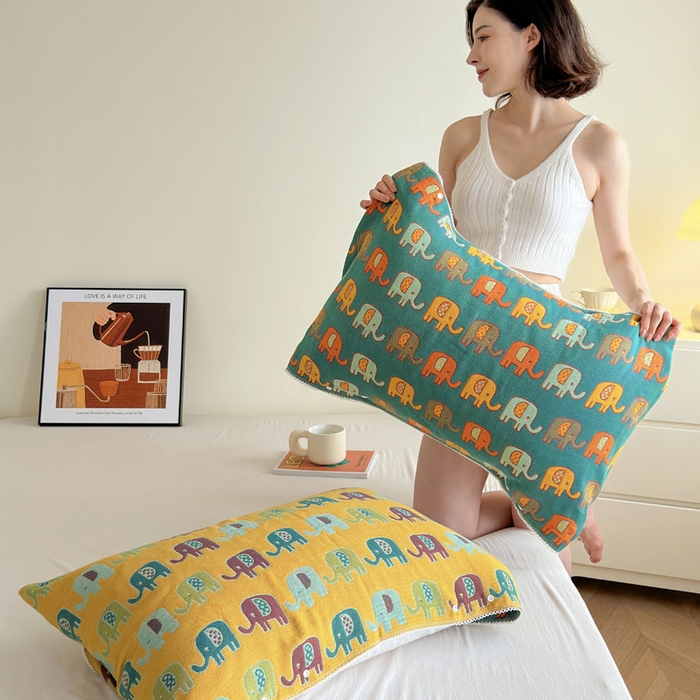 91家纺网 家纺一手货源 找家纺 朴尔家纺-毛巾被 2024新款防滑半包可调节暗扣魔术全棉三层纱布枕巾 多彩小象-绿黄53*110cm/对