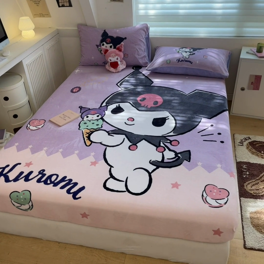 91家纺网 家纺一手货源 找家纺 金爱家 2024新款大阪单品牛奶绒床笠 绒-D冰淇淋甜心库洛米