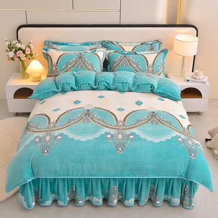 富之航 2024新款8-9斤高克重印花牛奶绒四件套保暖绒套件直播爆款罗马生活-蓝