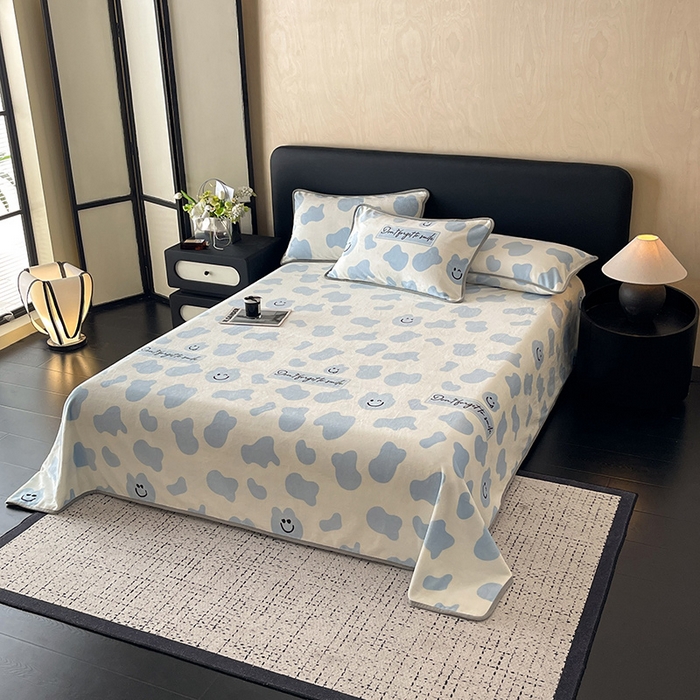 91家纺网 家纺一手货源 找家纺 全季家居 2024新款A类纯色印花高克重加厚保暖包边牛奶绒床单单件 蓝色心情