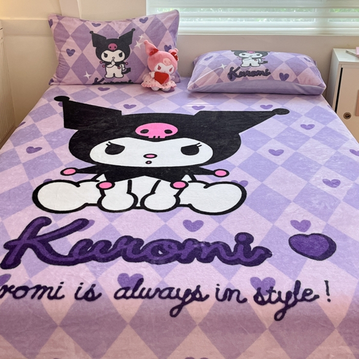 91家纺网 家纺一手货源 找家纺 金爱家 2024新款大阪单品牛奶绒床笠 绒-D桃心美美库洛米