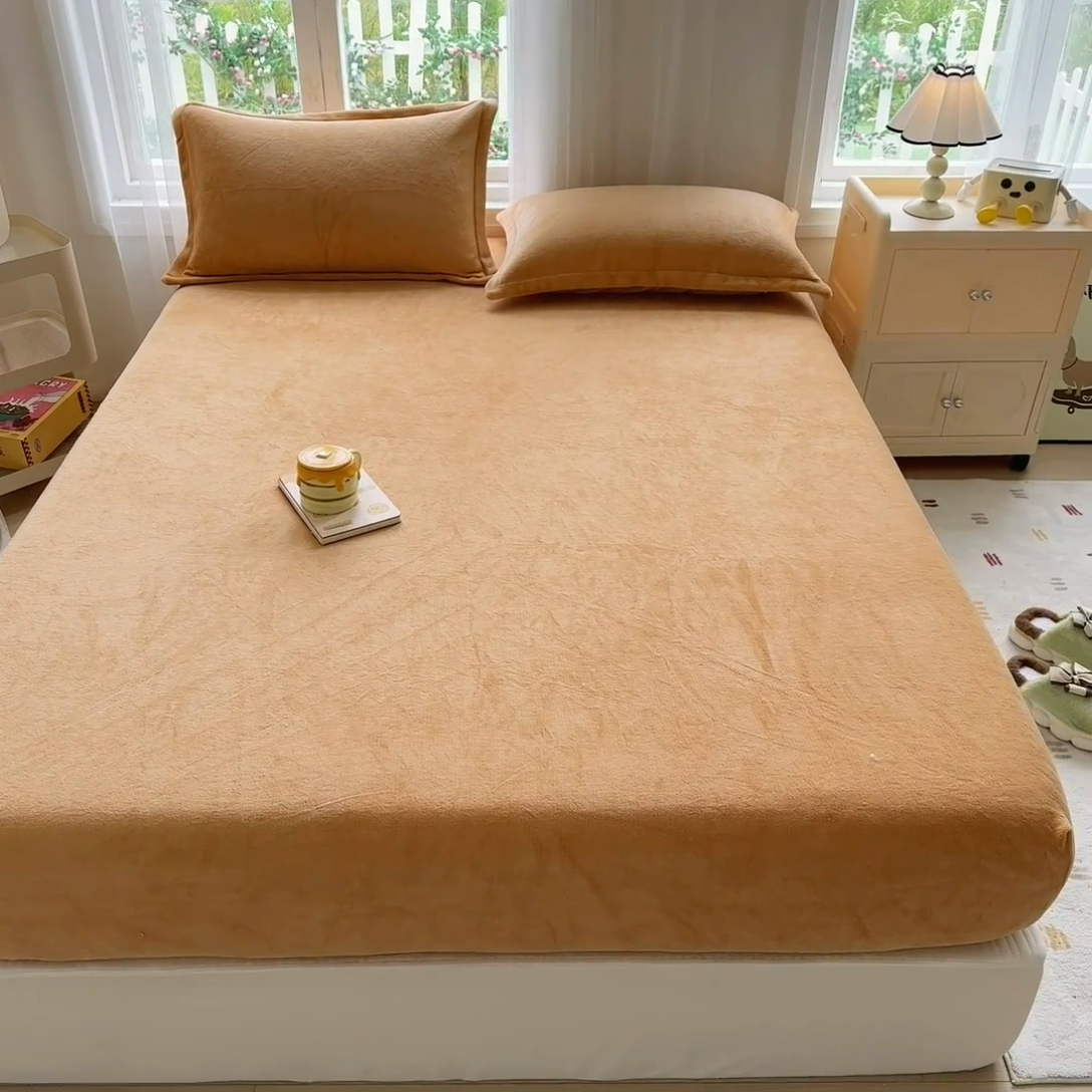 91家纺网 家纺一手货源 找家纺 家贝爱 2024新款加厚保暖牛奶绒床笠 纯色桔