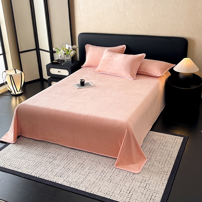 91家纺网 家纺一手货源 找家纺 全季家居 2024新款A类纯色印花高克重加厚保暖包边牛奶绒床单单件 少女粉