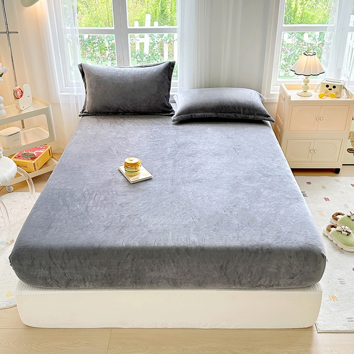 91家纺网 家纺一手货源 找家纺 家贝爱 2024新款加厚保暖牛奶绒床笠 纯色灰