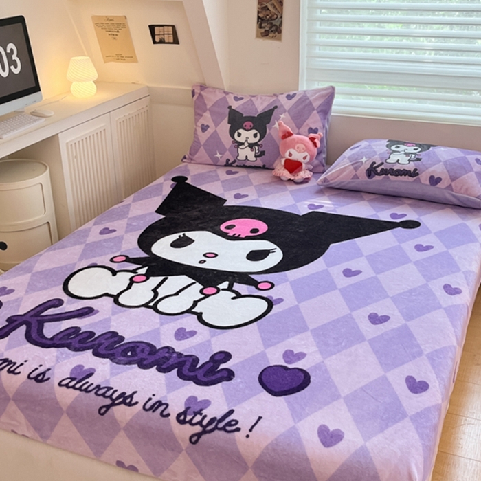 91家纺网 家纺一手货源 找家纺 金爱家 2024新款大阪单品牛奶绒床笠 绒-D桃心美美库洛米