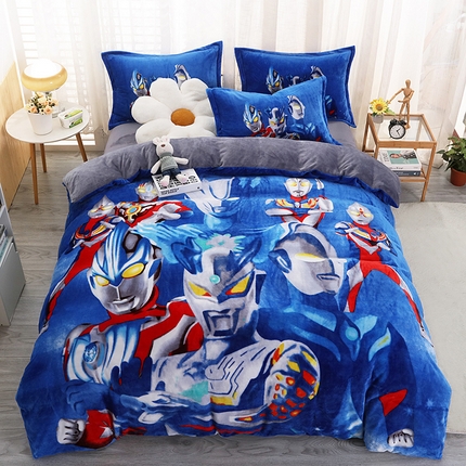 91家纺网 家纺一手货源 找家纺 宝薇 2024新款加厚牛奶绒大版卡通四件套 王者赛罗