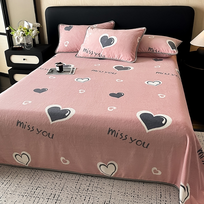 91家纺网 家纺一手货源 找家纺 全季家居 2024新款A类纯色印花高克重加厚保暖包边牛奶绒床单单件 甜心