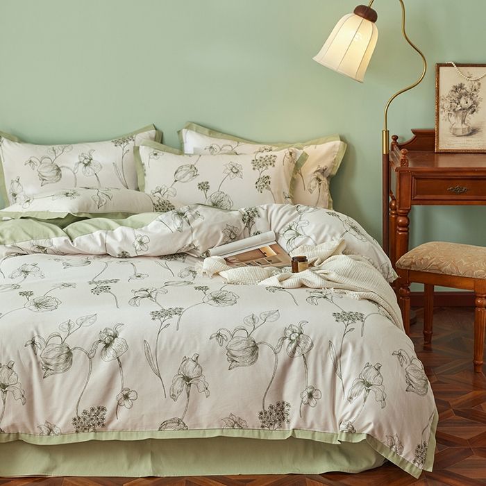 91家纺网 家纺一手货源 找家纺 千朵森 2024新款全棉拼角磨毛四件套-风格一 花拾光