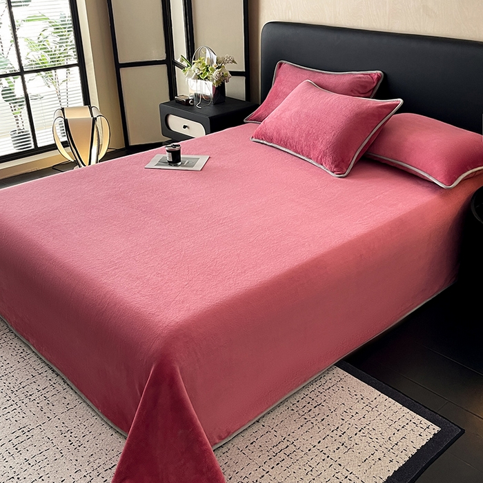 91家纺网 家纺一手货源 找家纺 全季家居 2024新款A类纯色印花高克重加厚保暖包边牛奶绒床单单件 豆沙