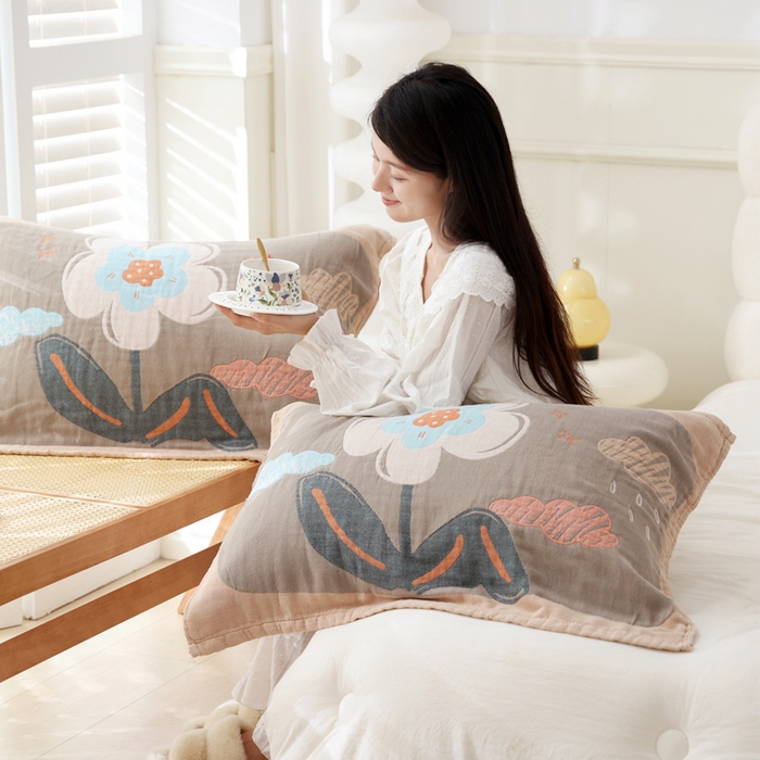 91家纺网 家纺一手货源 找家纺 朴尔家纺-毛巾被 2024新款全棉欣软系列定位四层加厚柔软纱布枕巾 花枝