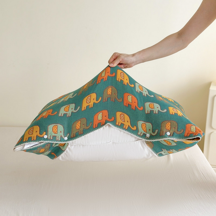 91家纺网 家纺一手货源 找家纺 朴尔家纺-毛巾被 2024新款防滑半包可调节暗扣魔术全棉三层纱布枕巾 多彩小象-绿黄53*110cm/对