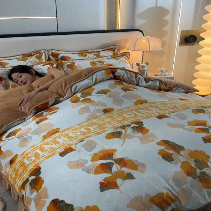 91家纺网 家纺一手货源 找家纺 富之航 2024新款8-9斤高克重印花牛奶绒四件套保暖绒套件直播爆款叶落知秋