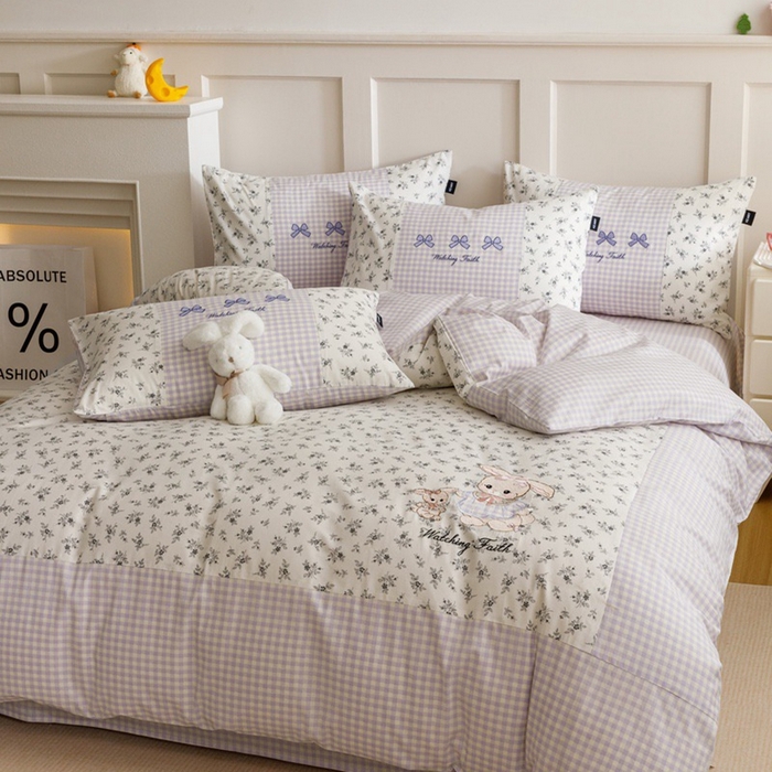 91家纺网 家纺一手货源 找家纺 卡姿家纺 2024秋冬呆萌小刺绣第三季 蝴蝶结小兔子-紫格