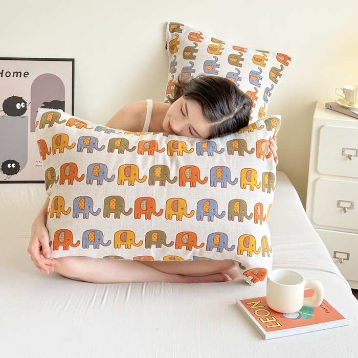 91家纺网 家纺一手货源 找家纺 朴尔家纺-毛巾被 2024新款防滑半包可调节暗扣魔术全棉三层纱布枕巾 多彩小象-米白53*110cm/对