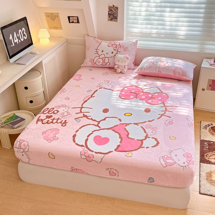 91家纺网 家纺一手货源 找家纺 金爱家 2024新款大阪单品牛奶绒床笠 绒-D爱心kt