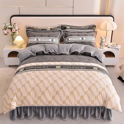 富之航 2024新款8-9斤高克重印花牛奶绒四件套保暖绒套件直播爆款轻奢风范