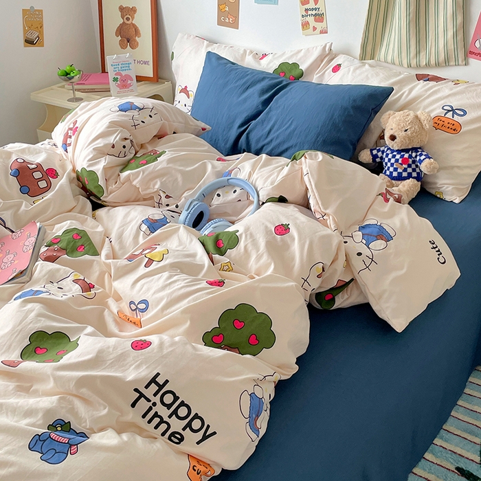 91家纺网 家纺一手货源 找家纺 卡迪熊家纺 2024新款小清新水洗m混搭四件套 可爱KT猫