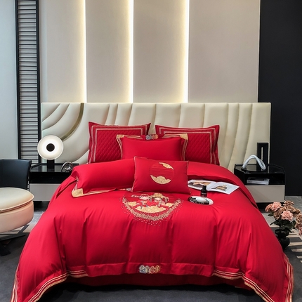 91家纺网 家纺一手货源 找家纺 （总）玖玖爱家纺 2024新款100支双股长绒棉提花刺绣婚庆四件套