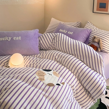 91家纺网 家纺一手货源 找家纺 （总）如一 2024新款元素毛巾绣条纹牛奶绒四件套