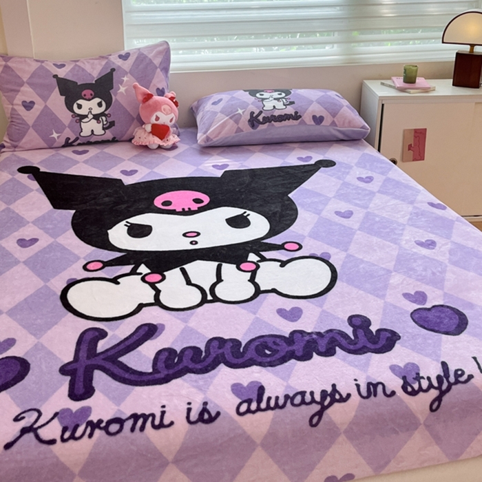 91家纺网 家纺一手货源 找家纺 金爱家 2024新款大阪单品牛奶绒床笠 绒-D桃心美美库洛米