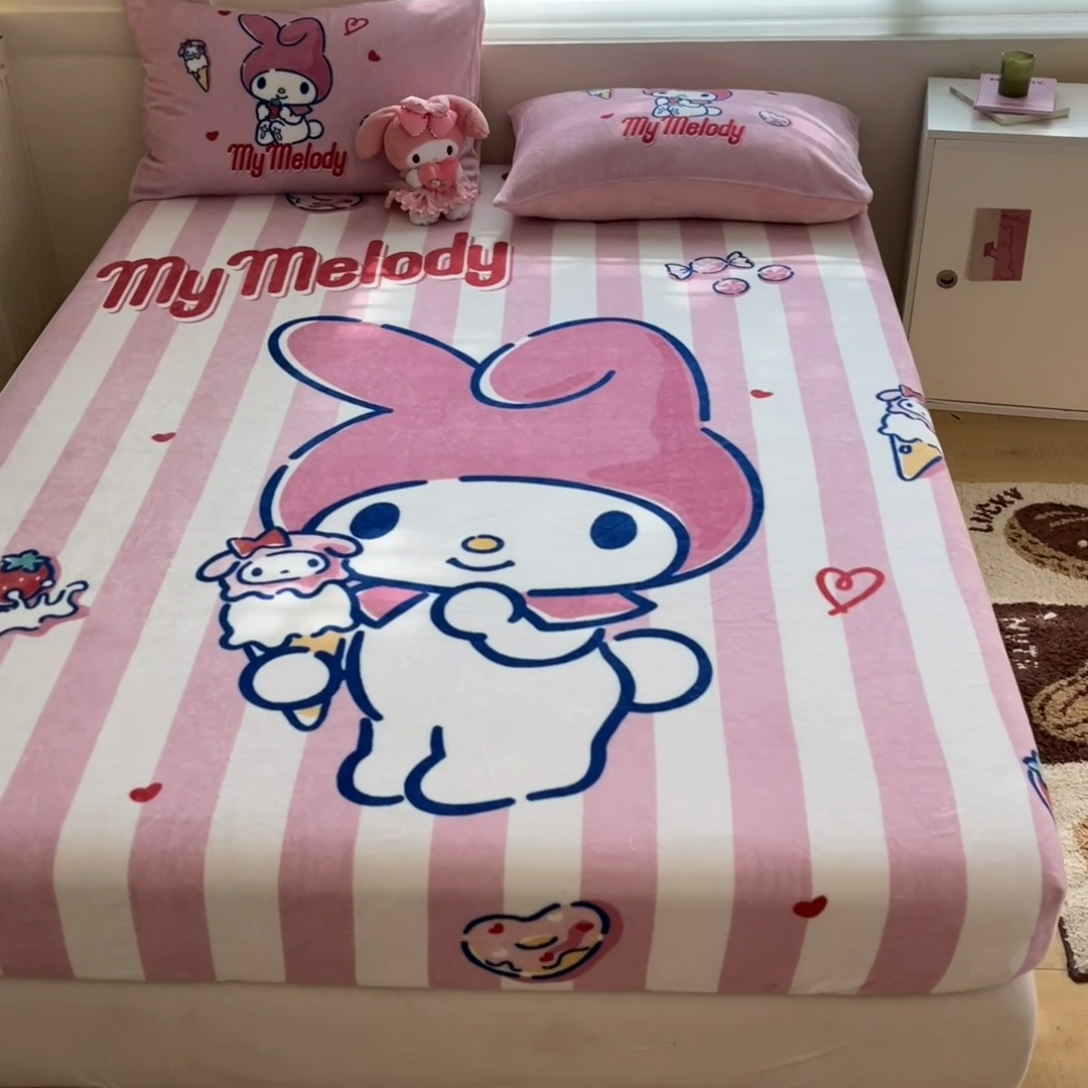 91家纺网 家纺一手货源 找家纺 金爱家 2024新款大阪单品牛奶绒床笠 绒-D草莓冰淇淋美乐蒂