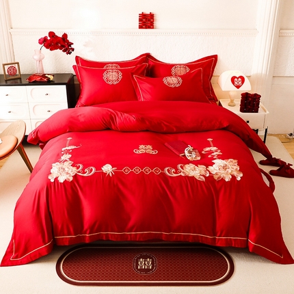 91家纺网 家纺一手货源 找家纺 菲儿家纺 2024新款臻丝绸刺绣婚庆四件套 爱恋