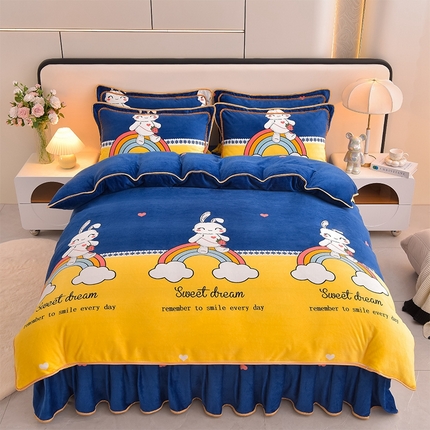 富之航 2024新款8-9斤高克重印花牛奶绒四件套保暖绒套件直播爆款彩虹兔