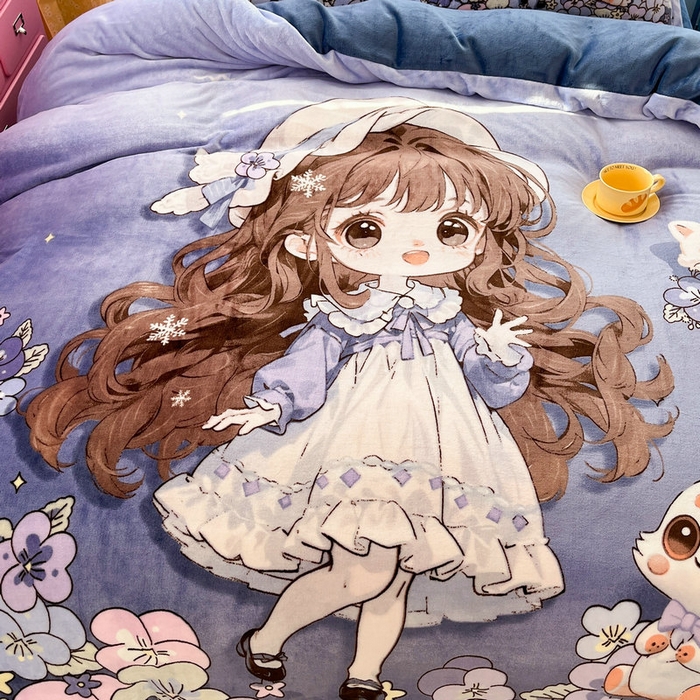 91家纺网 家纺一手货源 找家纺 宝薇 2024新款加厚牛奶绒大版卡通四件套 甜心公主绒