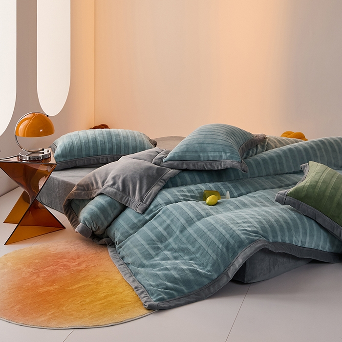 91家纺网 家纺一手货源 找家纺 2024新款牛奶3D绒立体雕花剪花四件套 蓝色+灰色