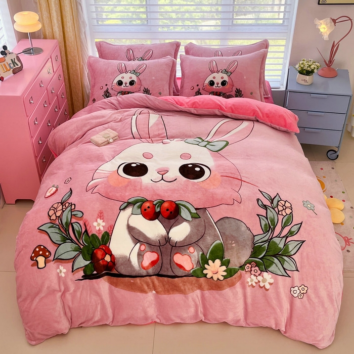 91家纺网 家纺一手货源 找家纺 宝薇 2024新款加厚牛奶绒大版卡通四件套 兔宝贝绒