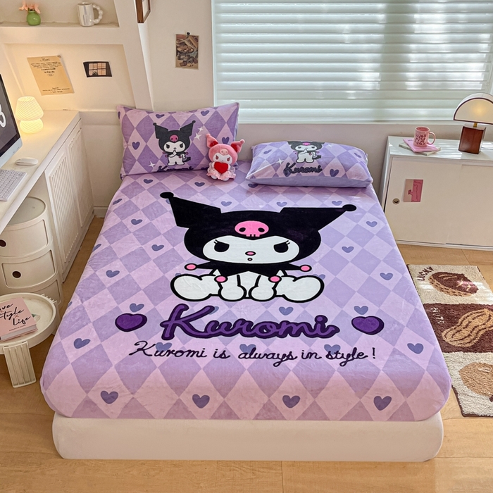 91家纺网 家纺一手货源 找家纺 金爱家 2024新款大阪单品牛奶绒床笠 绒-D桃心美美库洛米