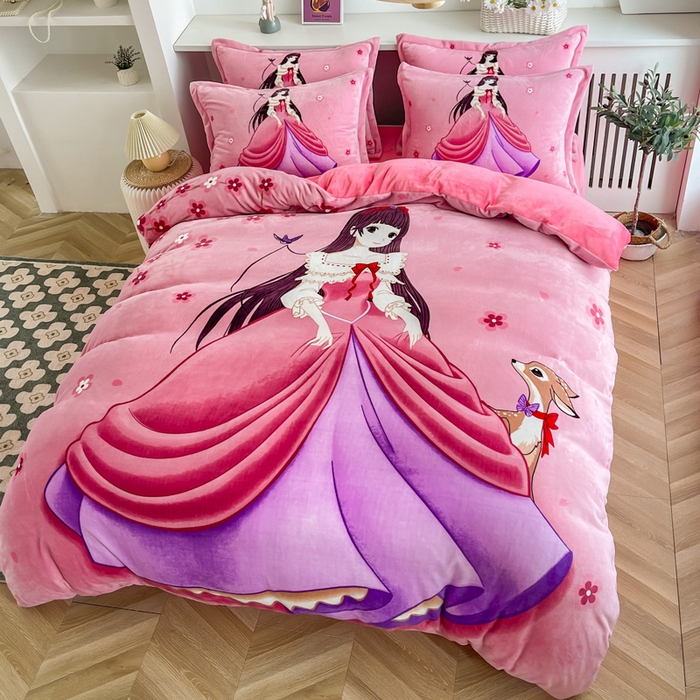 91家纺网 家纺一手货源 找家纺 宝薇 2024新款加厚牛奶绒大版卡通四件套 桃花公主