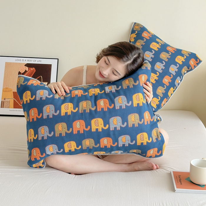 91家纺网 家纺一手货源 找家纺 朴尔家纺-毛巾被 2024新款防滑半包可调节暗扣魔术全棉三层纱布枕巾 多彩小象-蓝黄53*110cm/对