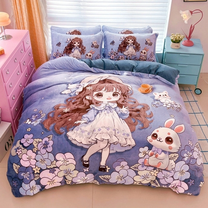 宝薇 2024新款加厚牛奶绒大版卡通四件套 甜心公主绒