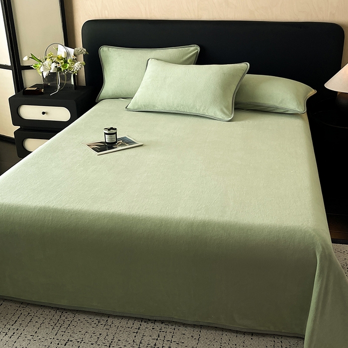 91家纺网 家纺一手货源 找家纺 全季家居 2024新款A类纯色印花高克重加厚保暖包边牛奶绒床单单件 果绿