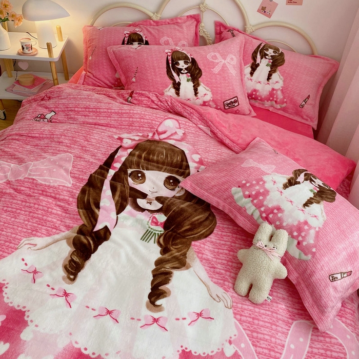 91家纺网 家纺一手货源 找家纺 宝薇 2024新款加厚牛奶绒大版卡通四件套 公主日记