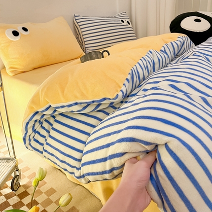 如一 2024新款大眼萌条纹牛奶绒四件套 大眼萌-蓝