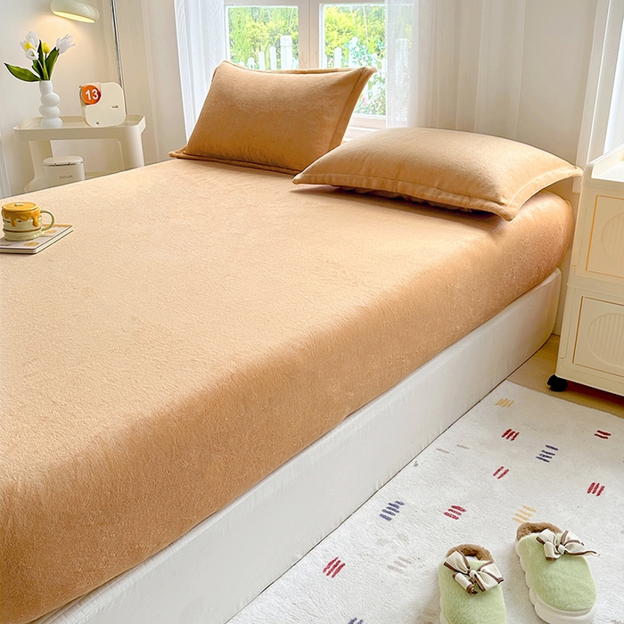 91家纺网 家纺一手货源 找家纺 家贝爱 2024新款加厚保暖牛奶绒床笠 纯色桔