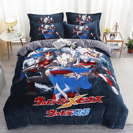 91家纺网 家纺一手货源 找家纺 宝薇 2024新款加厚牛奶绒大版卡通四件套 赛罗兄弟