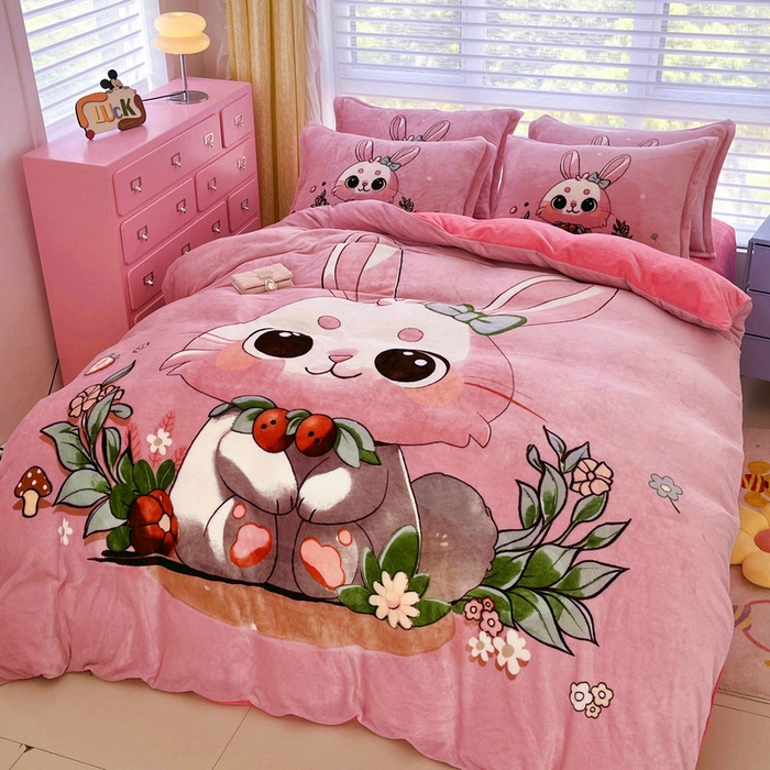 91家纺网 家纺一手货源 找家纺 宝薇 2024新款加厚牛奶绒大版卡通四件套 兔宝贝绒