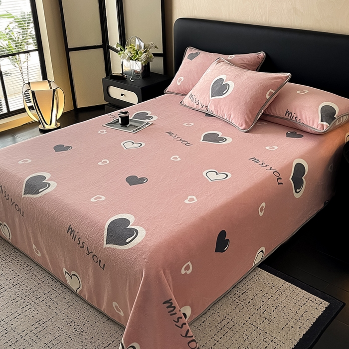 91家纺网 家纺一手货源 找家纺 全季家居 2024新款A类纯色印花高克重加厚保暖包边牛奶绒床单单件 甜心